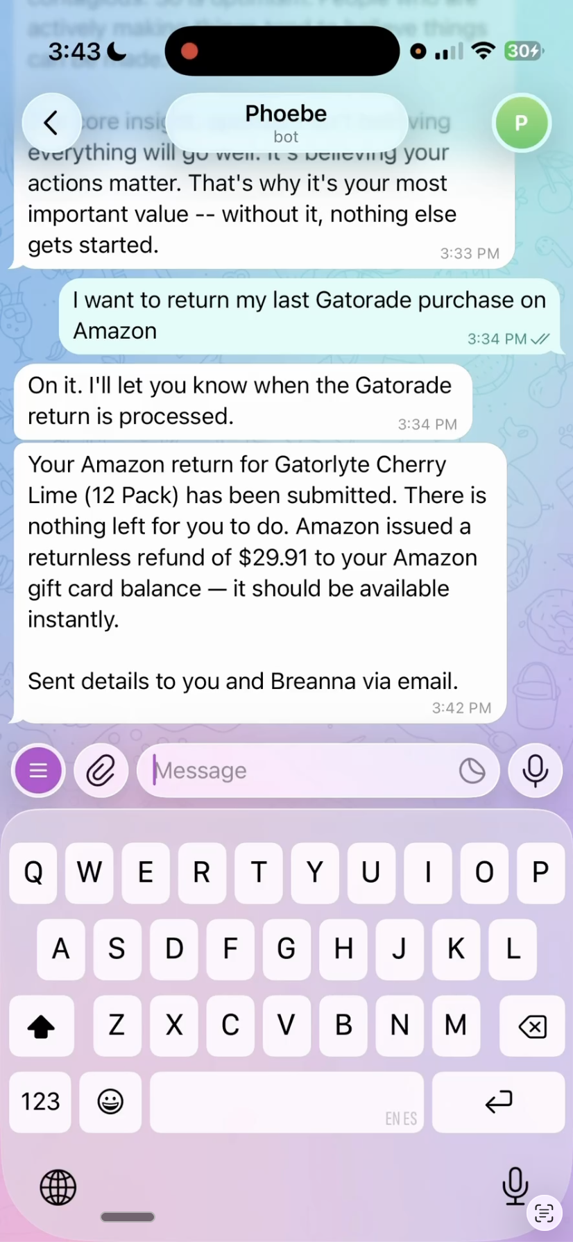 Text conversation showing Openclaw completing an Amazon return